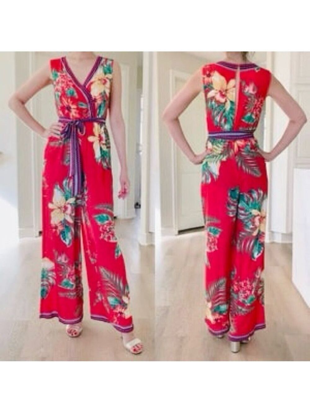 NWOT Flying Tomato Faux Wrap Wide Leg 
Red Floral Jumpsuit
Size Small